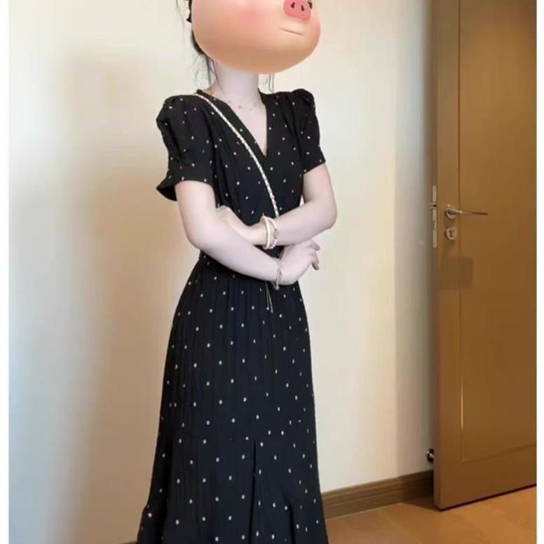 法式赫本风气质波点绑带v领连衣裙女学生夏季设计感收腰显瘦长裙