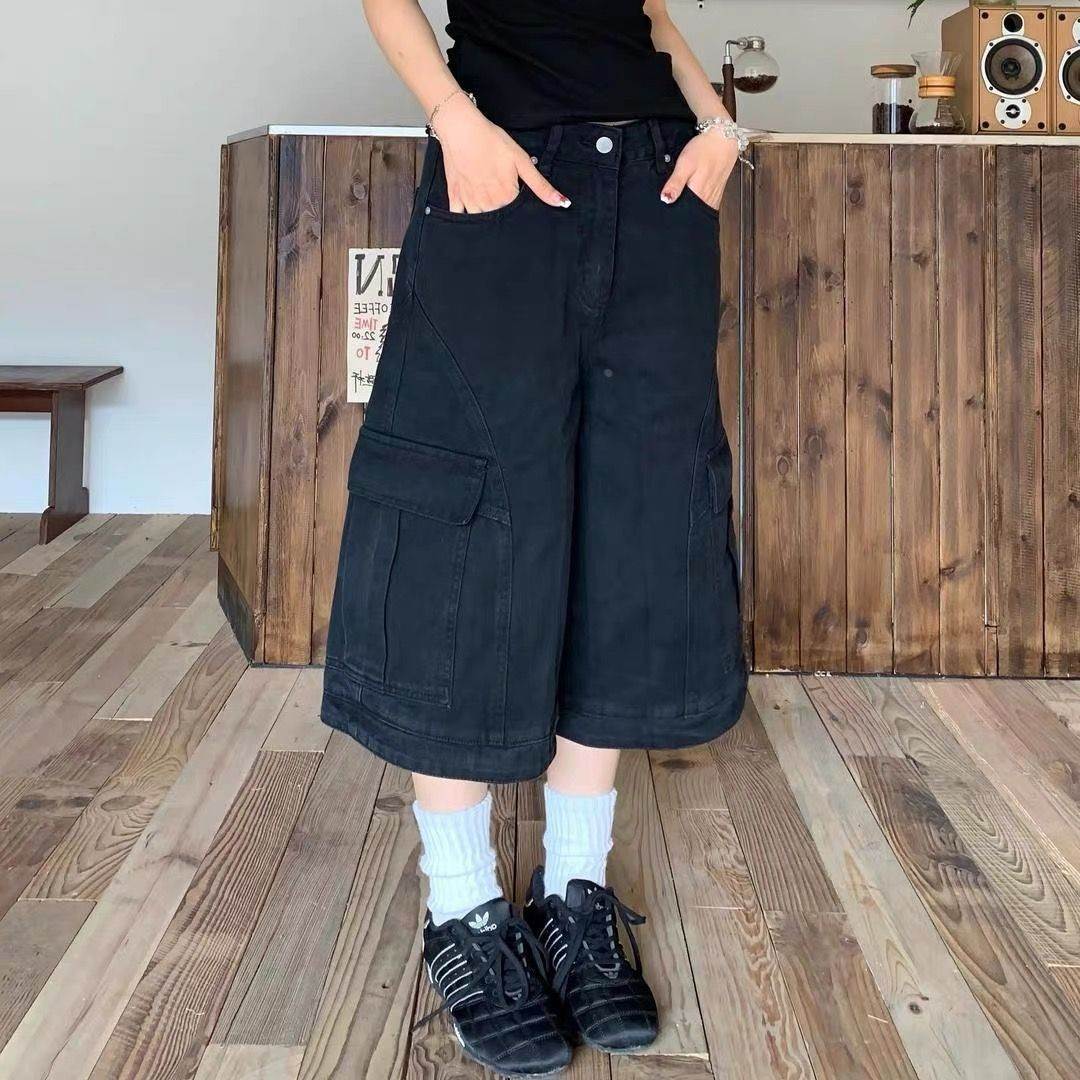美式vibe水洗多口袋工装七分裤男女街头直筒宽松显瘦阔腿中裤子潮