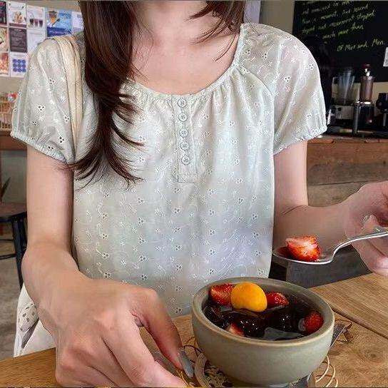 甜美减龄日系学院风宽松短袖衬衫女夏新款加内衬绣花通勤上衣
