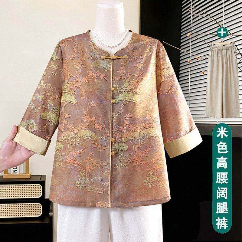 新中式妈妈夏装七分袖衬衫宽松薄款上衣服中老年女装国风气质开衫