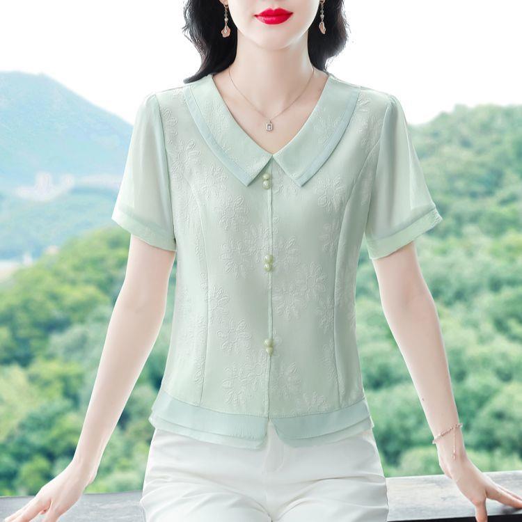 夏季新款短袖提花雪纺上衣潮妈妈高档女装修身百搭小个子设计感