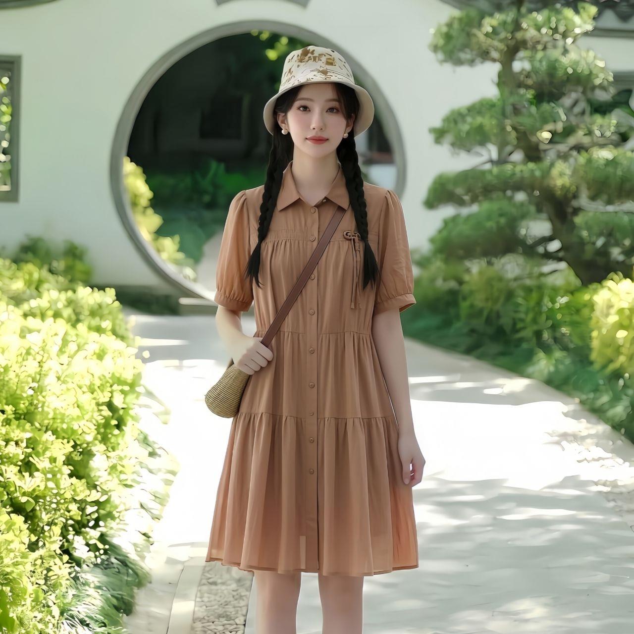 2026夏款短袖宽松型莱赛尔天丝粉红色甜美小个子A字连衣裙衬衫裙