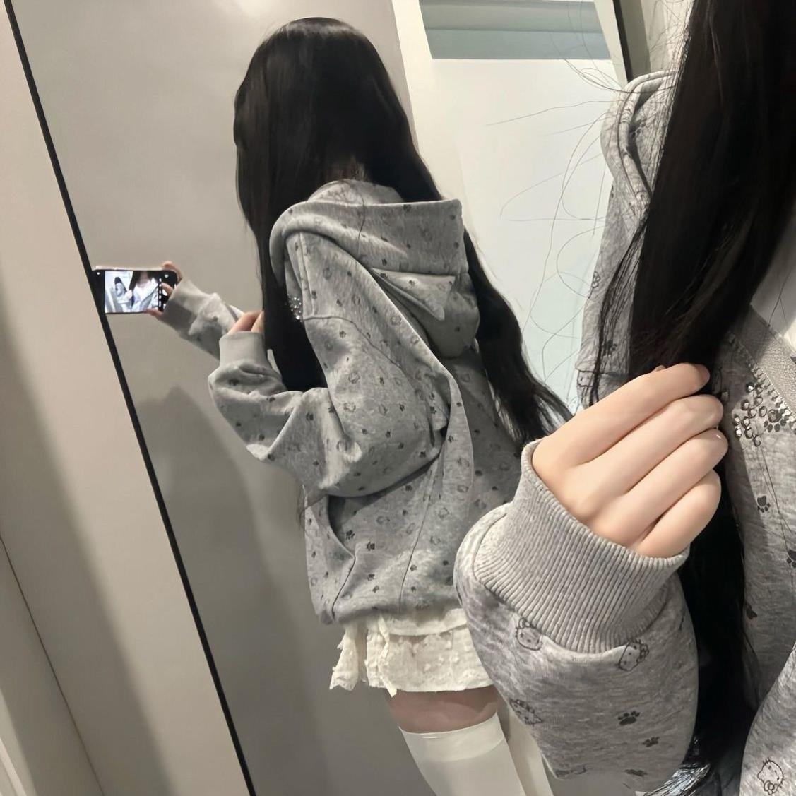 美式印花可爱猫咪帽卫衣满印镶钻kitty新款秋冬开衫慵懒宽松外套