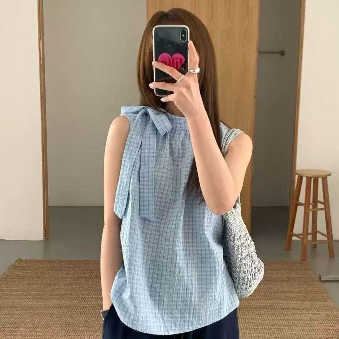 2025夏季法式复古设计感小众格子衬衫女蝴蝶结无袖背心宽松上衣女