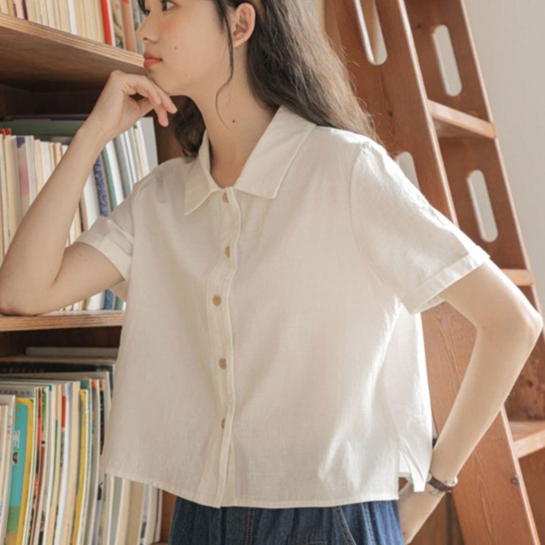 含棉夏季短袖白衬衫女法式设计感小众2024新款复古衬衣港味上衣