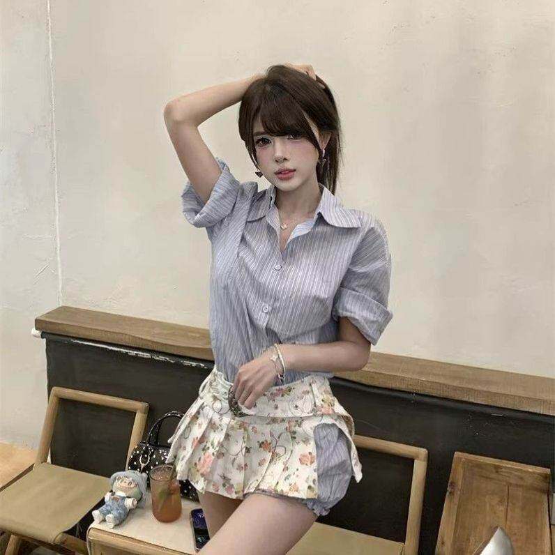 网红同款韩系chic套装女2026夏辣妹条纹衬衫上衣百褶短裙两件套
