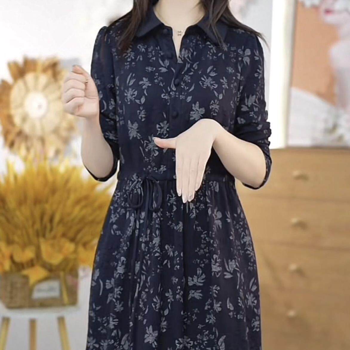 木兰棉精纺连衣裙女2026春季新款高档时尚遮肚子显瘦收腰碎花裙子