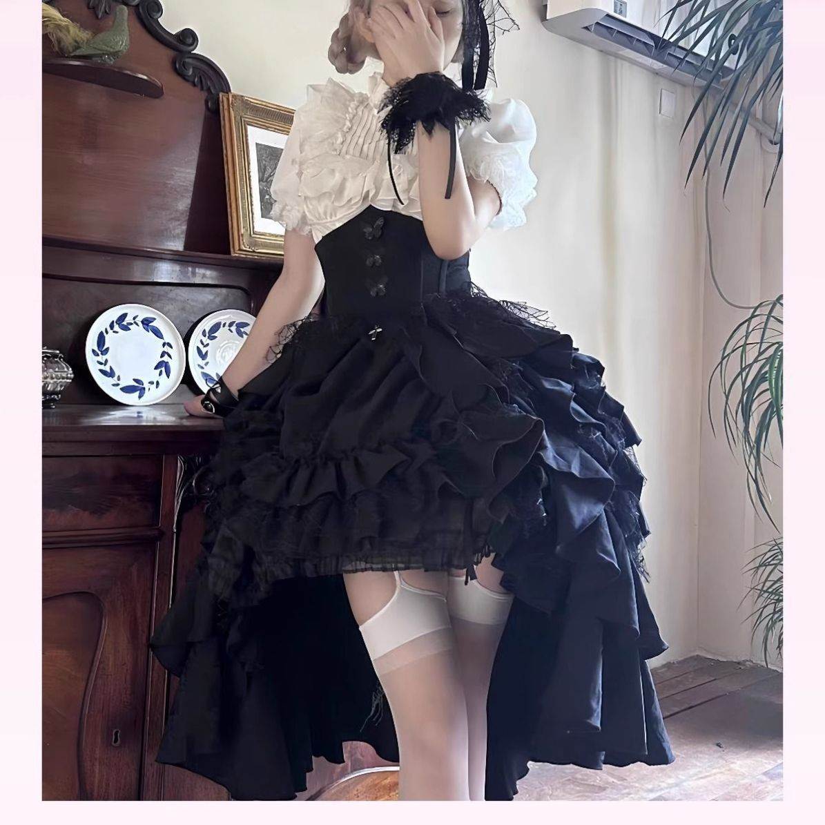黑哥特风洛丽塔lolita黑白色衬衫提拉裙女哥特风裙子两件套女套装