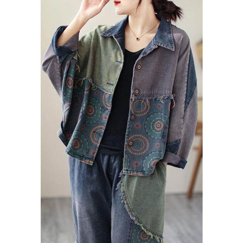 洋气印花毛边撞色拼接牛仔外套 女胖mm大码宽松休闲翻领开衫