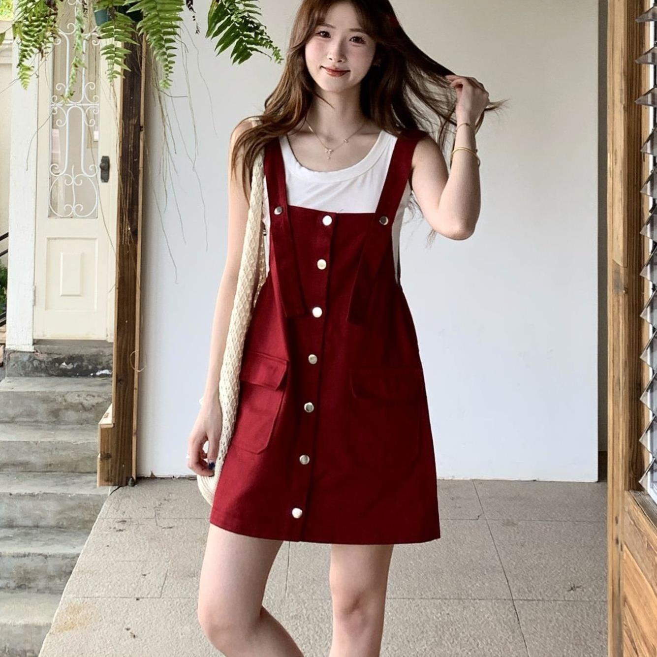 韩版新款原创裙女夏季无袖宽松显瘦红色背带mm连衣裙短裙慵懒吊带