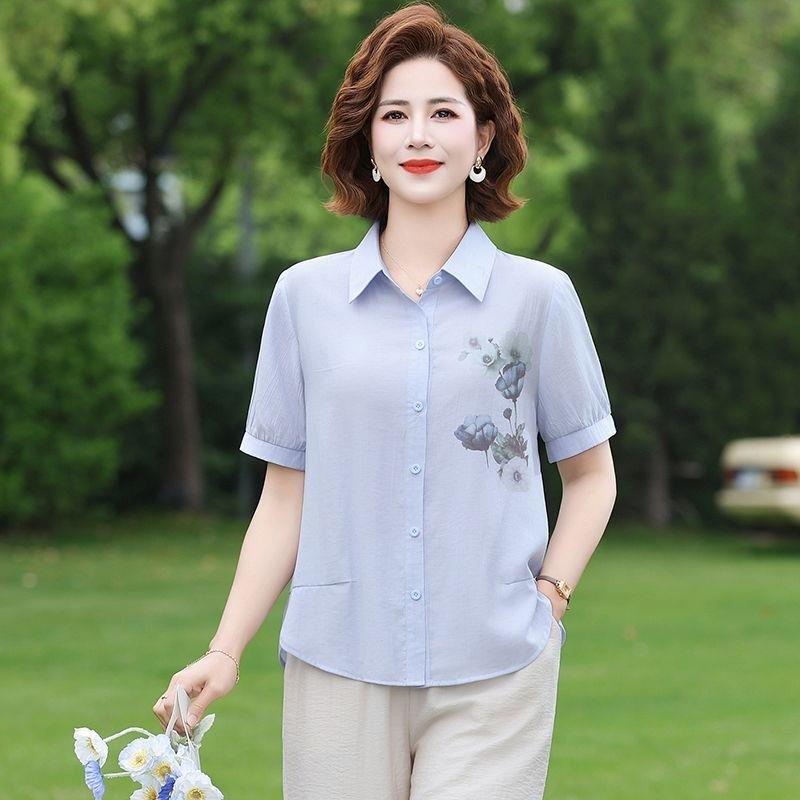 中年洋气妈妈夏装气质修身棉麻短袖衬衫显瘦中年女士减龄百搭衬衣