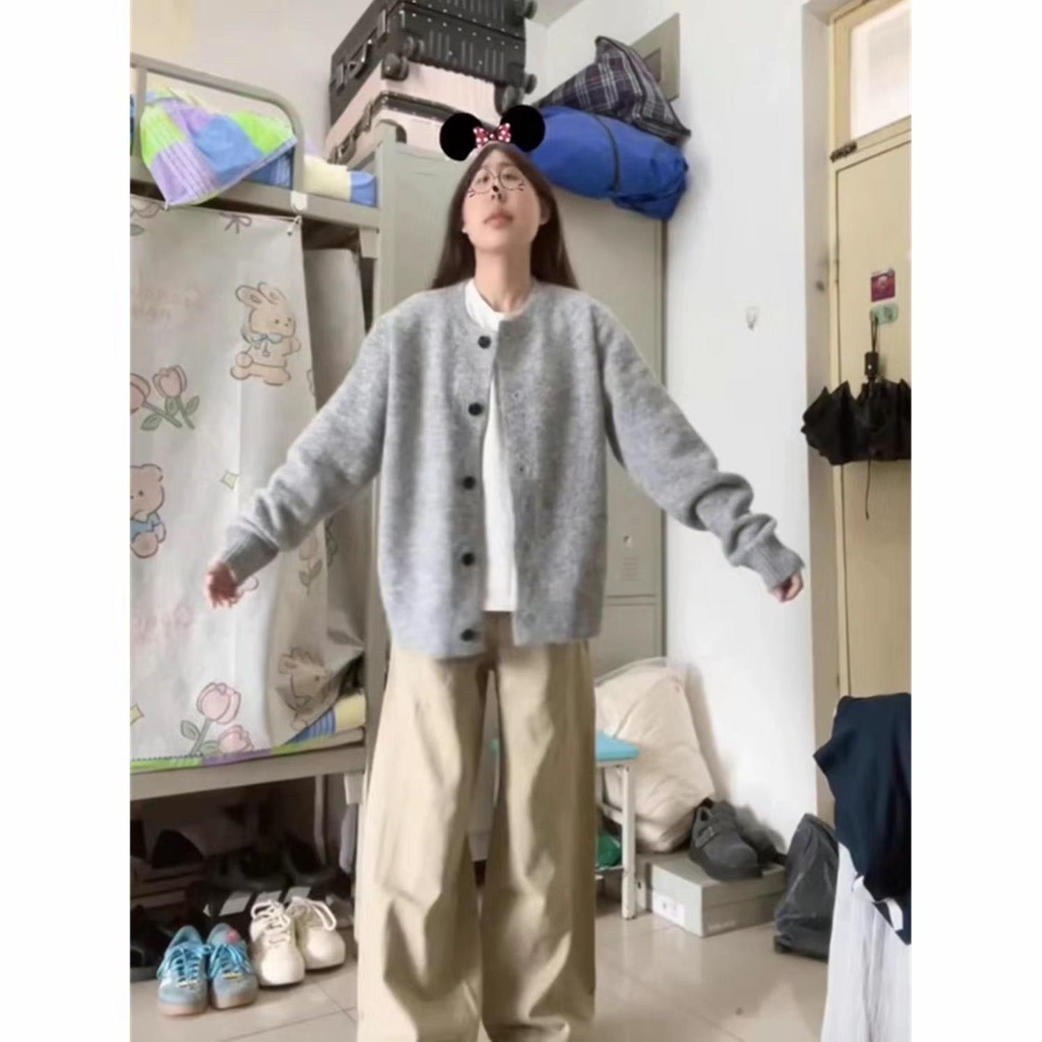 美式松弛感灰色毛衣女早针织春秋慵懒新款小个子韩系开衫外套上衣