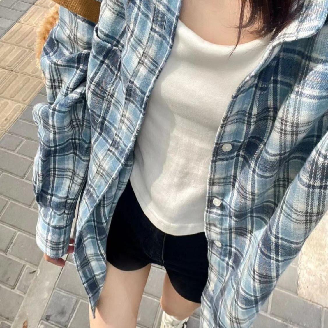 2024新款森系潮流蓝色格纹衬衫外套女宽松休闲遮肉中长款衬衣外穿