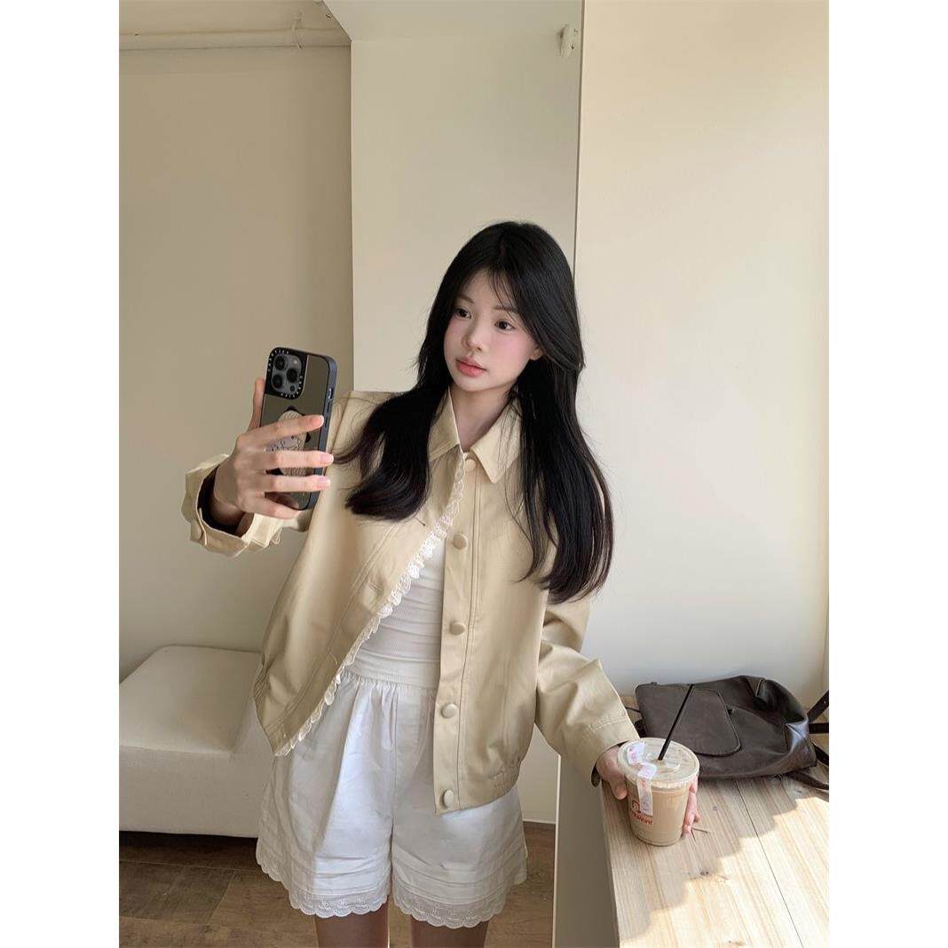 蕾丝花边拼接翻领短外套女2024年秋季新款宽松休闲卡其色夹克上衣