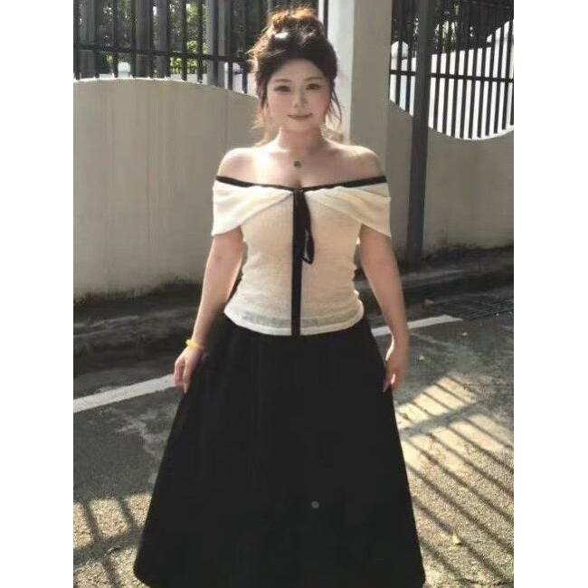 胖mm法式一字肩系带短袖T恤女夏季气质性感纯欲上衣半身裙套装