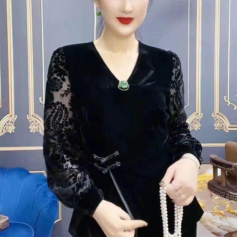 新中式妈妈打底金丝绒长袖上衣新款蕾丝袖遮肉显瘦洋气盘扣小衫