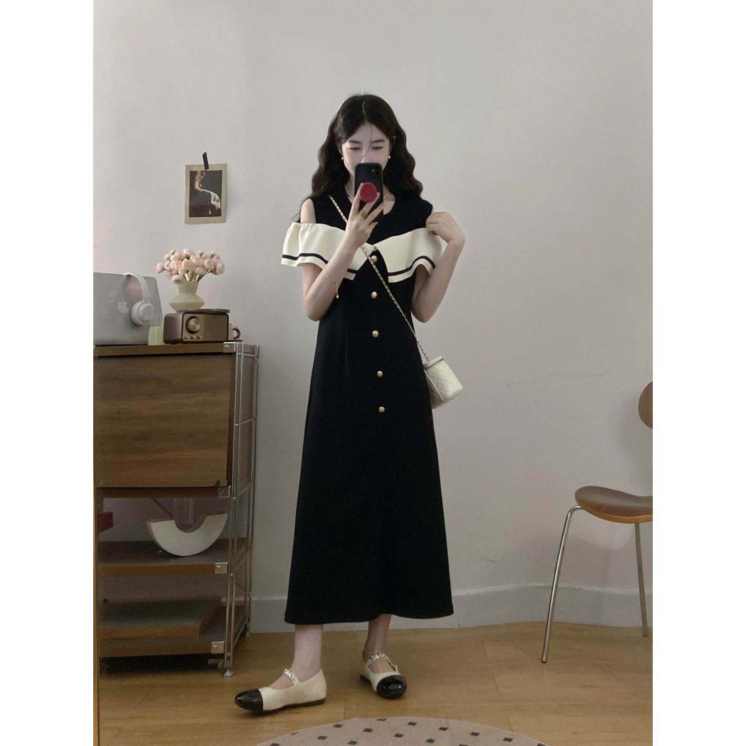 大码胖mm韩系别致荷叶边露肩短袖连衣裙女装夏季洋气减龄中长裙子