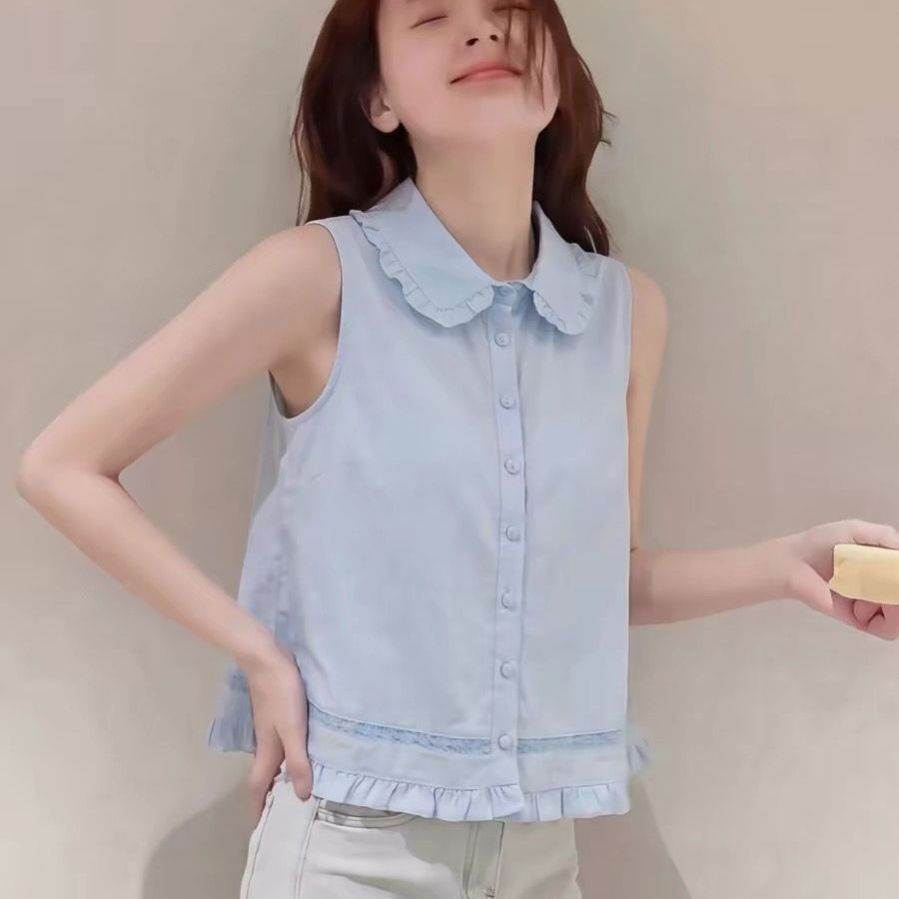 蓝色娃娃领无袖衬衫女夏季新款甜美清新减龄宽松百搭显瘦超仙上衣