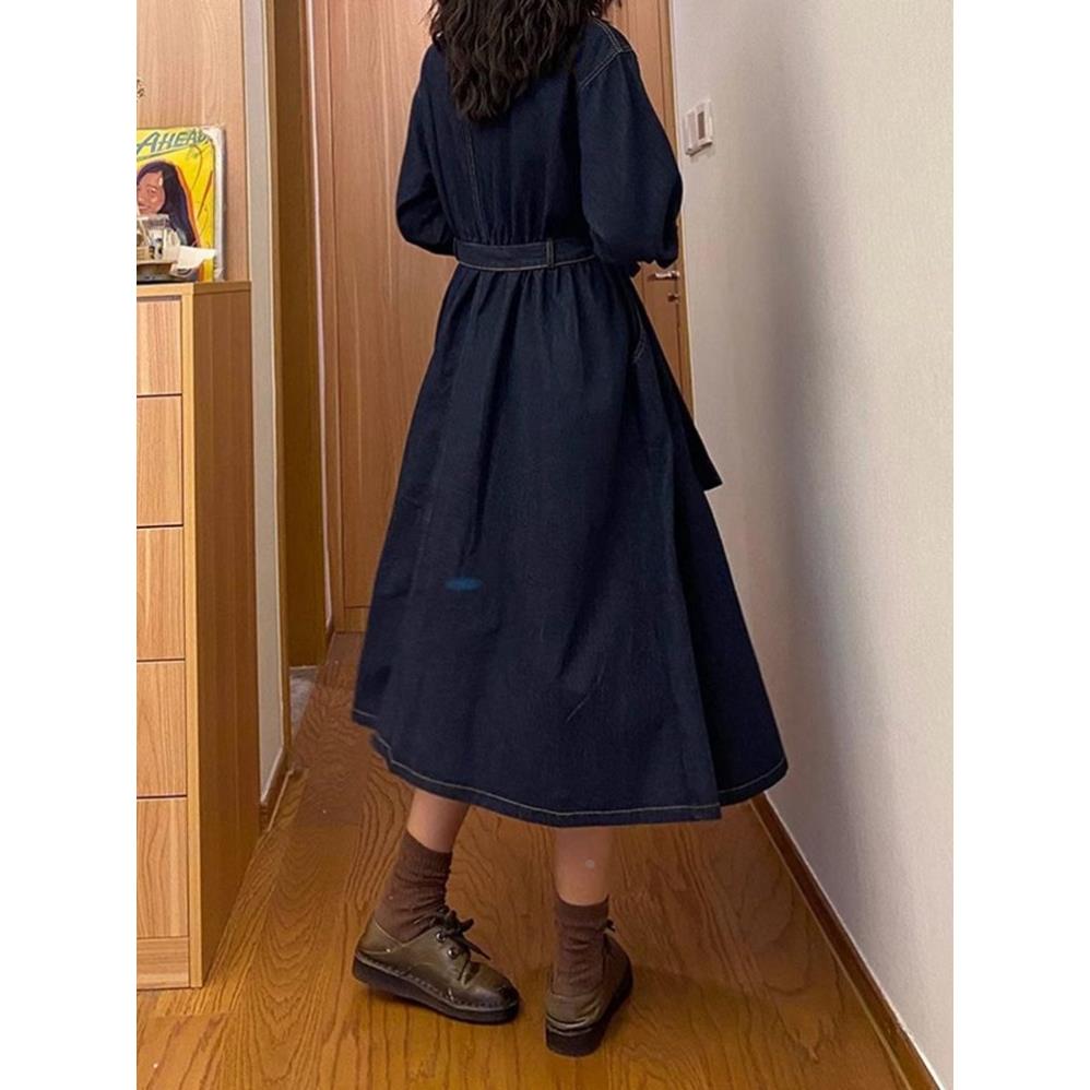 法式高级感长袖牛仔衬衫连衣裙女2026春秋季新款收腰显瘦polo长裙