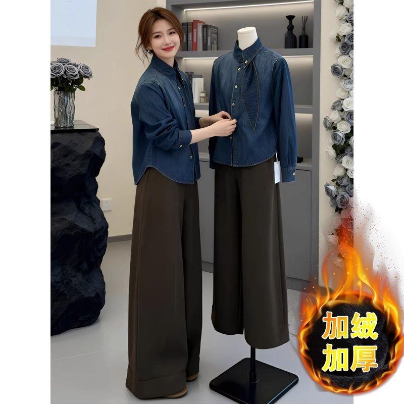 高级感牛仔衬衫外套女士春秋季2026新款打底衫上衣飘带衬衣爆款