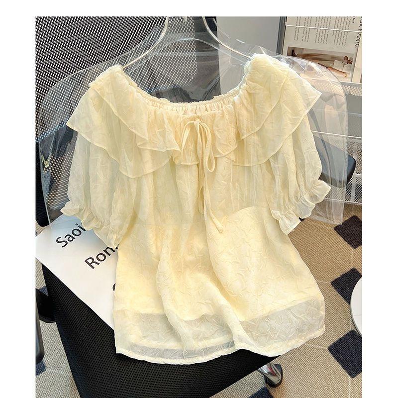 粉色法式荷叶边一字肩上衣女夏季2024新款高级感碎花甜美系带小衫