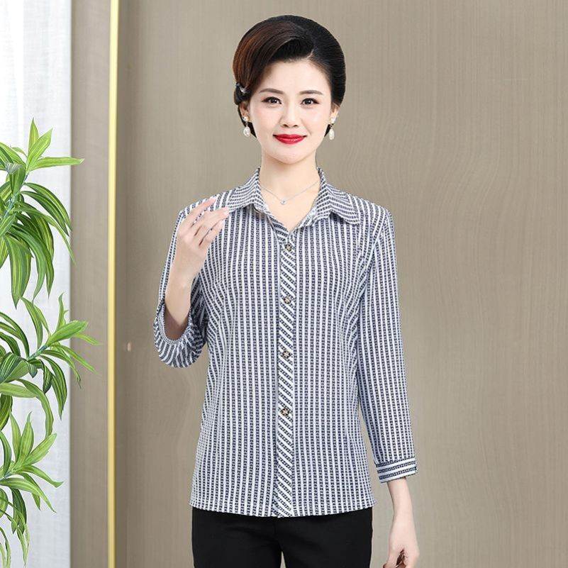 中老年冰丝衬衣女夏季新款九分袖妈妈衬衫时尚大码打底衫奶奶装女