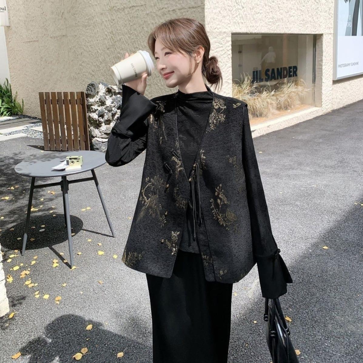 大码女装胖mm新中式国风女秋季2025新款马甲打底衫半身裙三件套装