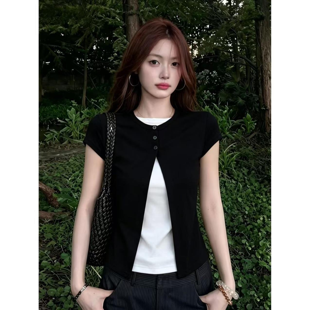 92%棉大码撞色假两件短袖t恤女2026夏季韩版胖mm遮肉显瘦拼接上衣