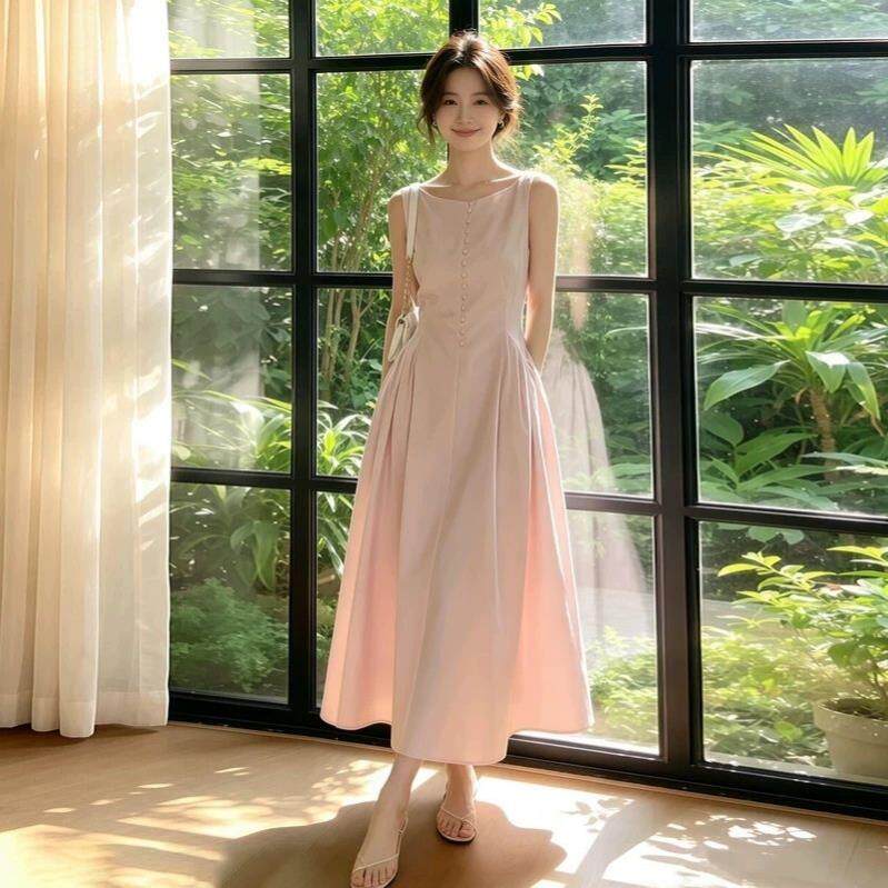 小个子巨好看法式粉色无袖连衣裙子女初夏独特漂亮高级感a字长裙