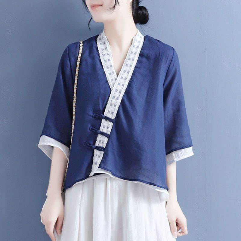 民国风上衣蕾丝斜襟盘扣系带七分袖衬衫女假两件棉麻夏季复古茶服