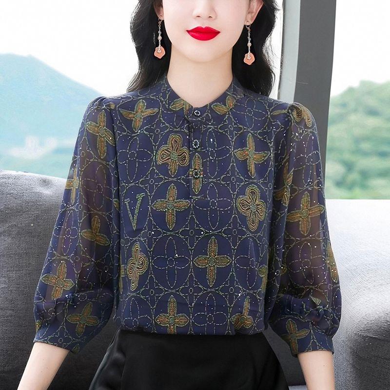 七分袖宽松休闲衬衣印花衫女夏季2026薄款透气上衣宽松遮肉雪纺衫