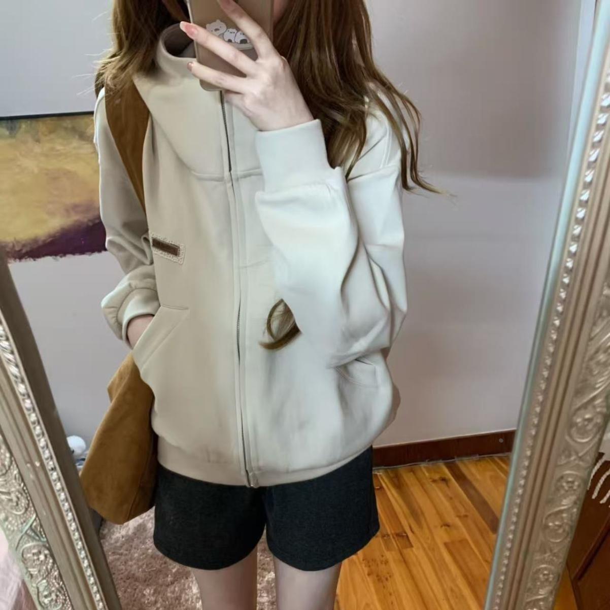 橘子皮浅杏色半拉链连帽卫衣女春秋宽松慵懒风休闲外套
