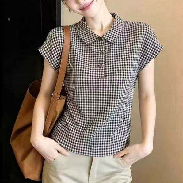 格子polo领短袖衬衫女款2026新款夏季高级感轻奢减龄洋气百搭上衣