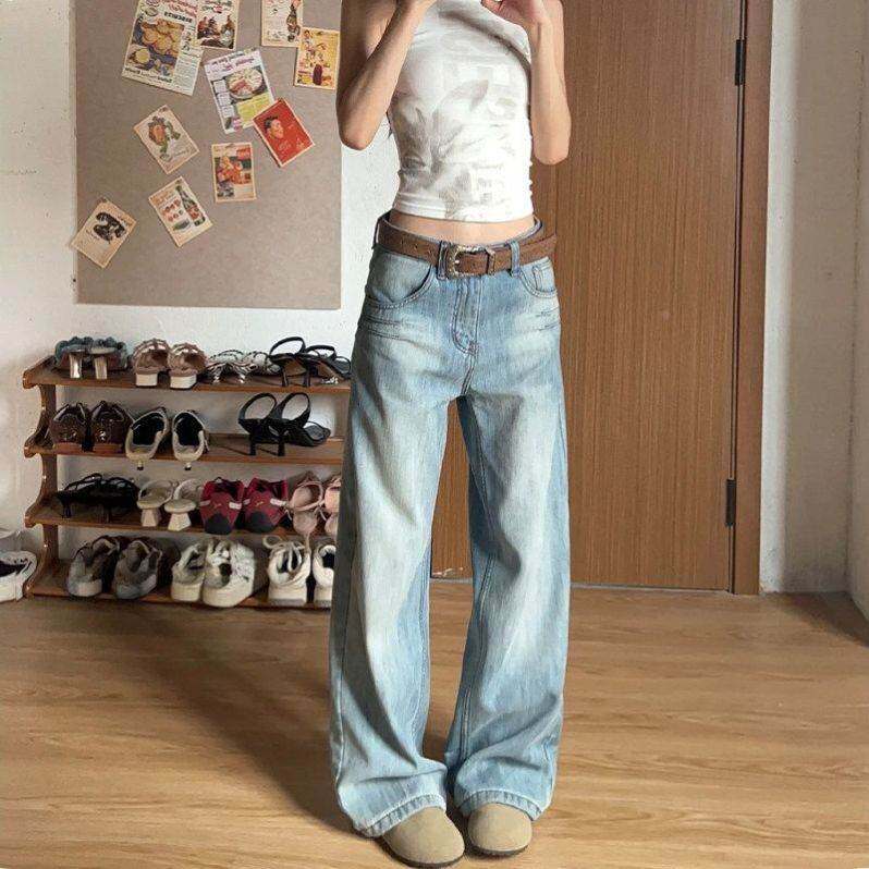 美式水洗蓝直筒牛仔裤女2026新款高腰宽松显瘦百搭磨白阔腿裤子