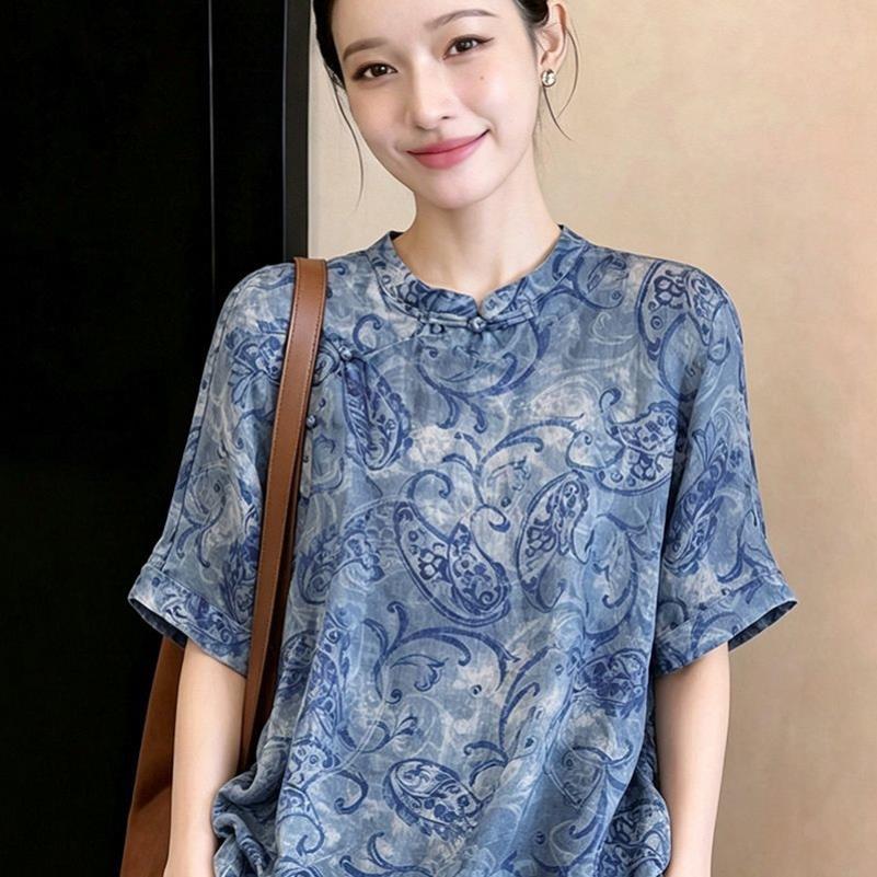 新中式斜襟盘扣苎麻衬衫女夏季新款高端复古风印花棉麻上衣小衫