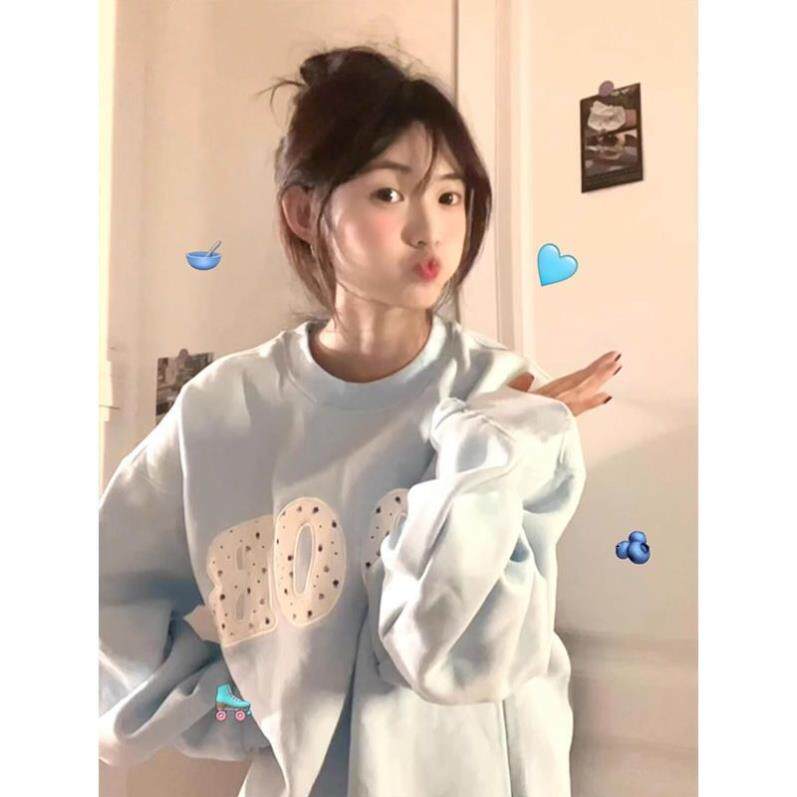 新款韩系贴布碎花刺绣圆领卫衣女秋冬加绒无帽慵懒风长袖上衣
