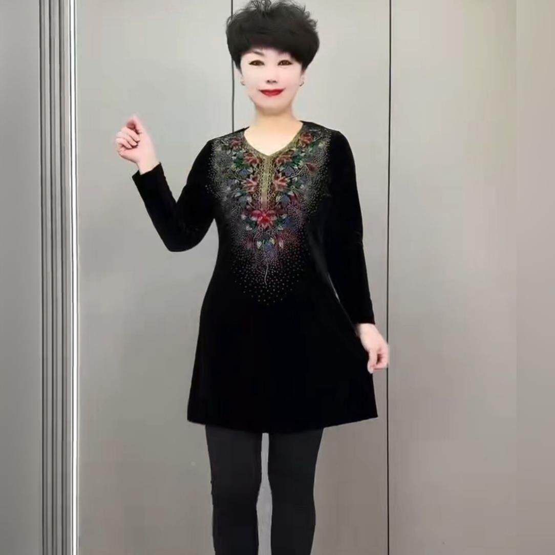 高档洋气贵夫人春秋装 中长款加肥加大码金丝绒 中老年女士连衣裙