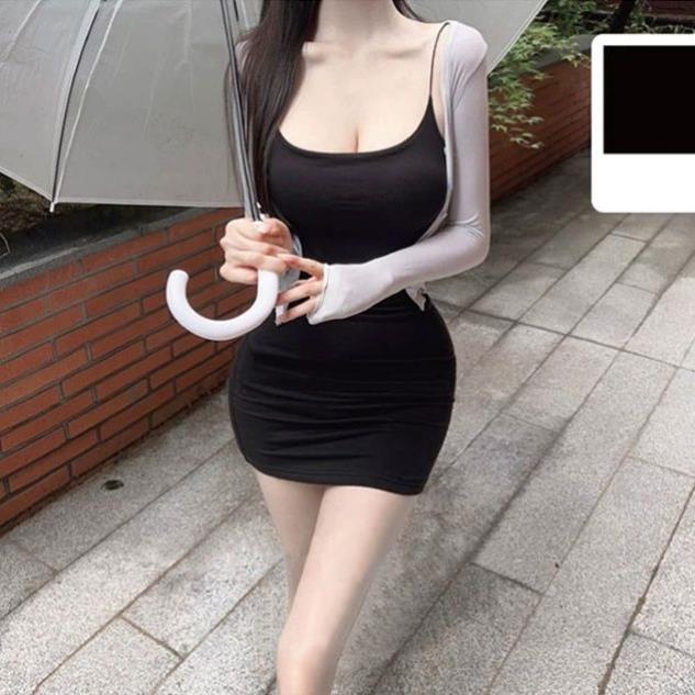 韩国春新款收腰显身材气质百搭紧身显胸包臀短裙内搭吊带连衣裙潮