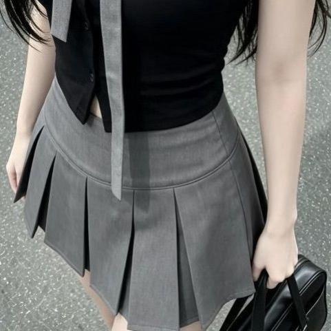 韩系辣妹学院时尚设计蝴蝶结撞色甜美短袖上衣高腰百褶短裙两件套