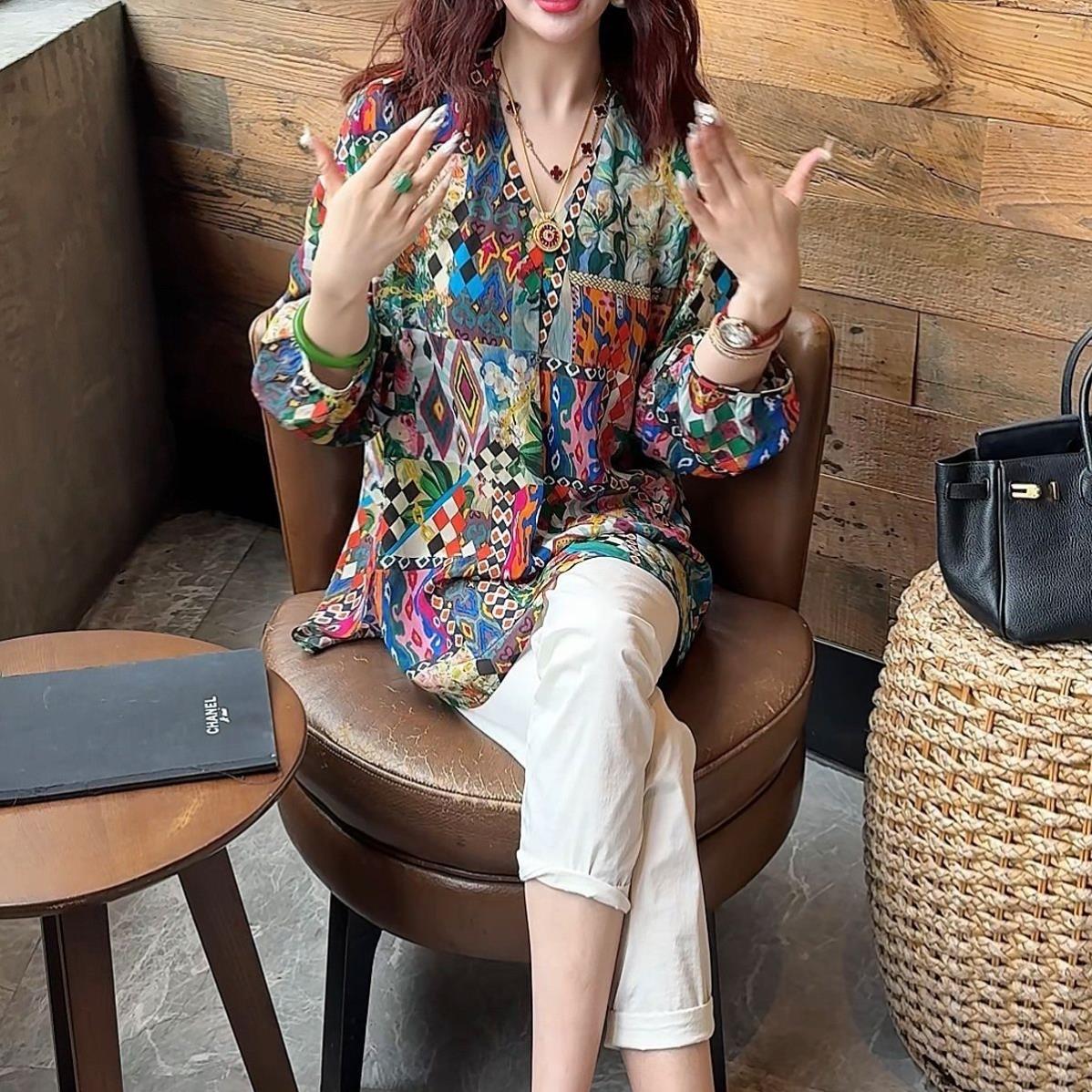 大码妈妈装彩色宽松中老年衬衫波西米亚度假风阔太太小衫遮肚上衣