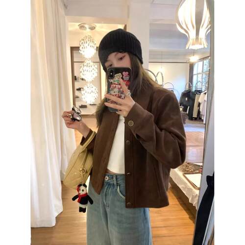 咖色鹿皮绒外套女短款2026春秋款韩系宽松休闲复古小个子夹克上衣