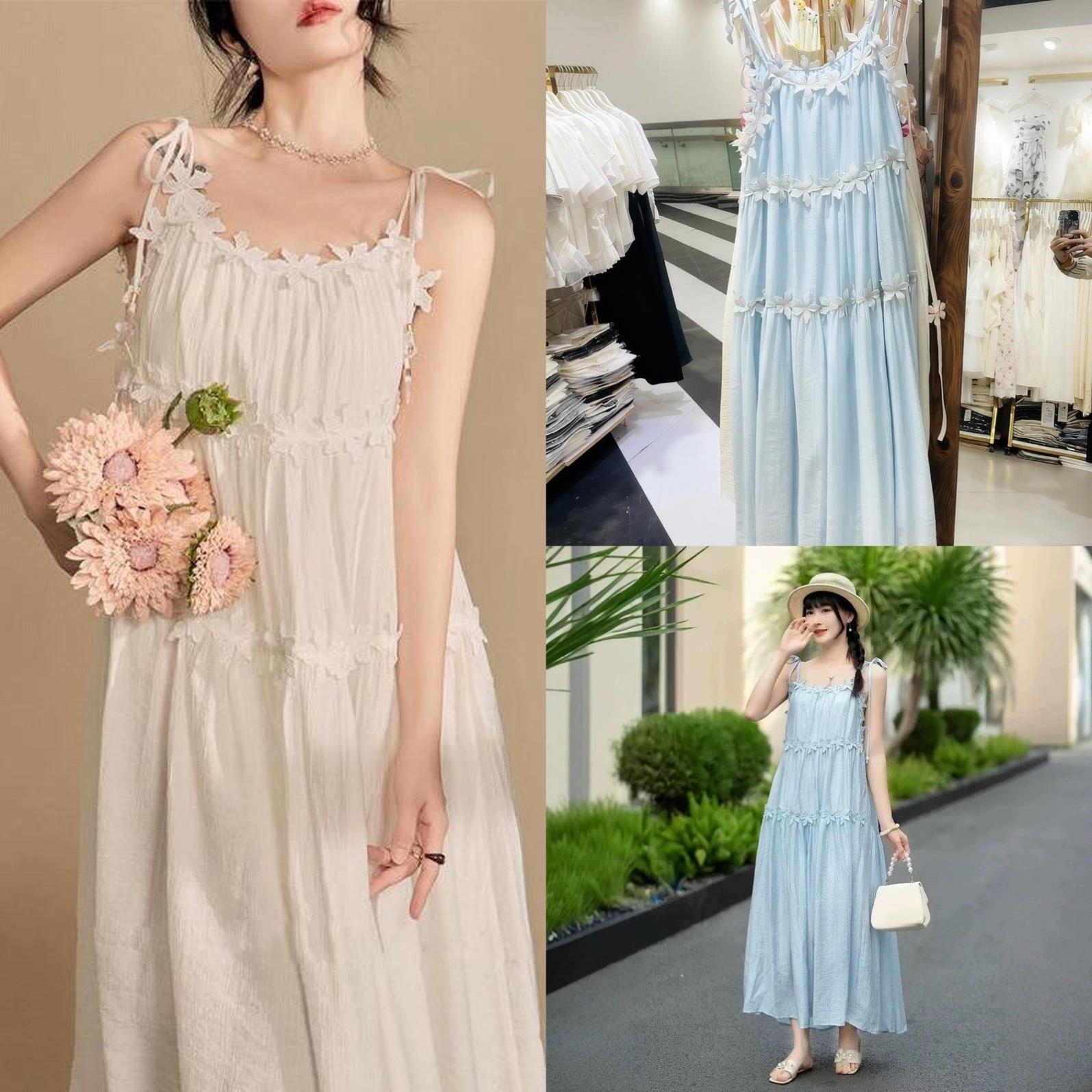 法式棉质吊带连衣裙夏日度假立体气质花朵甜美仙女长裙高个子三花
