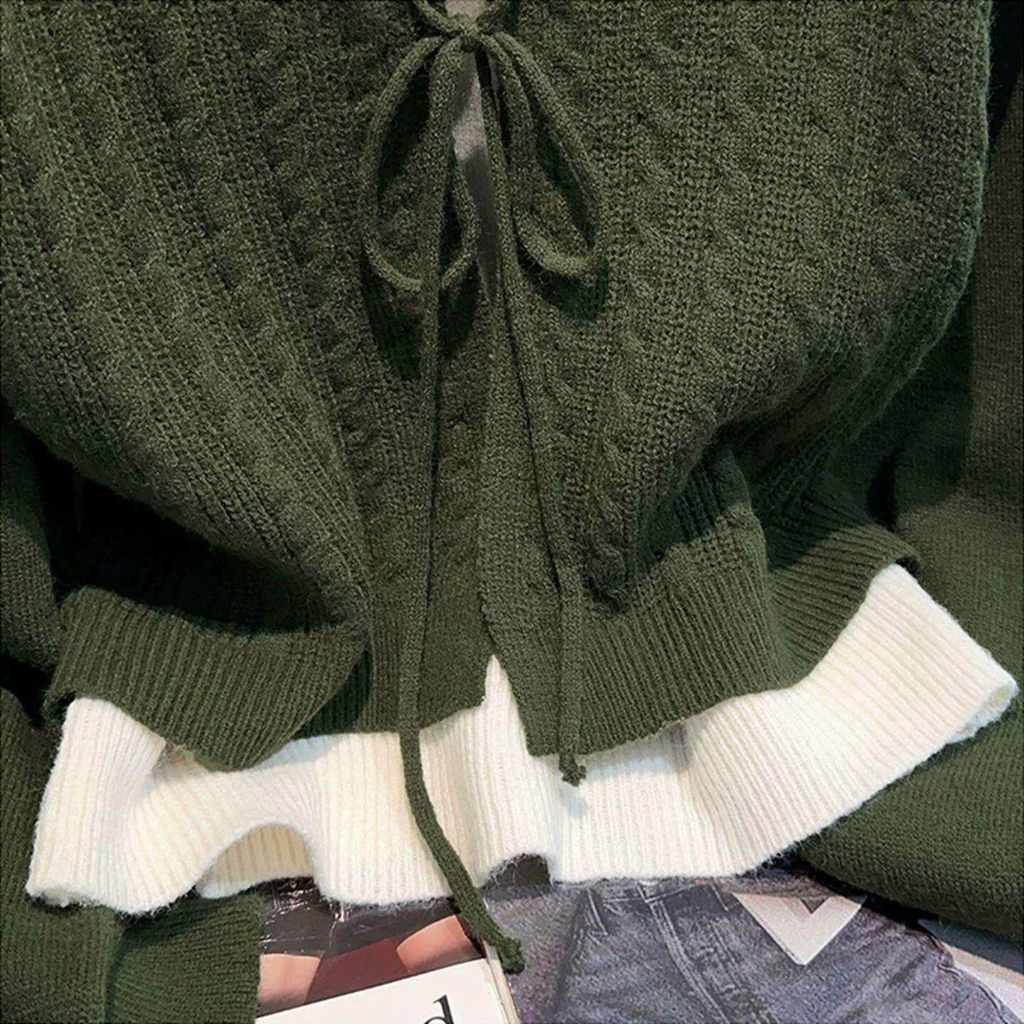 假两件荷叶边V领针织衫 绿色系带显瘦 开衫上衣