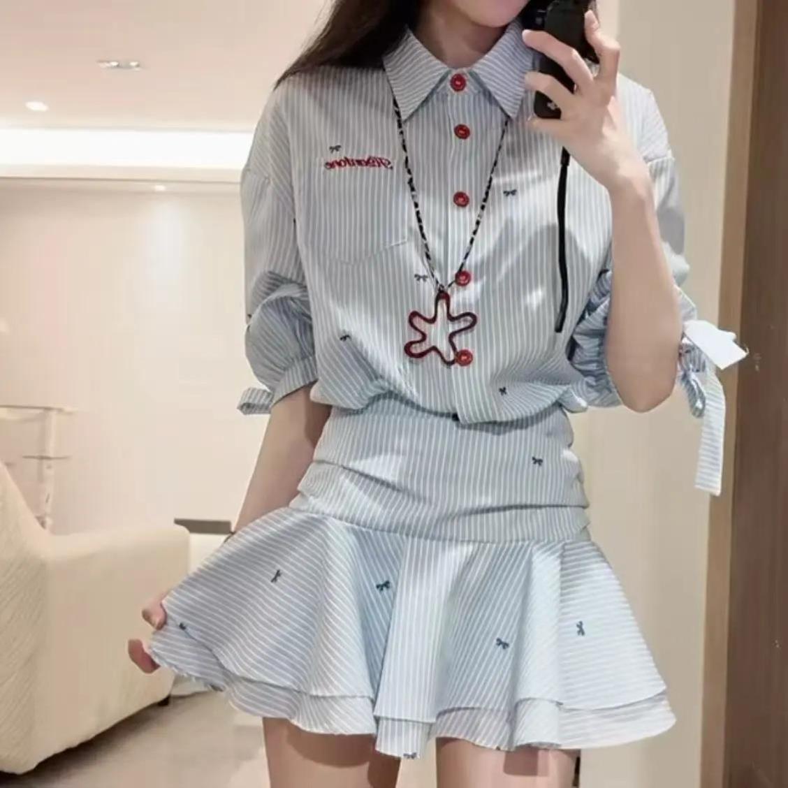韩版学院风竖条纹收腰翻领衬衫连衣裙女夏季荷叶边百褶裙叠穿短裙