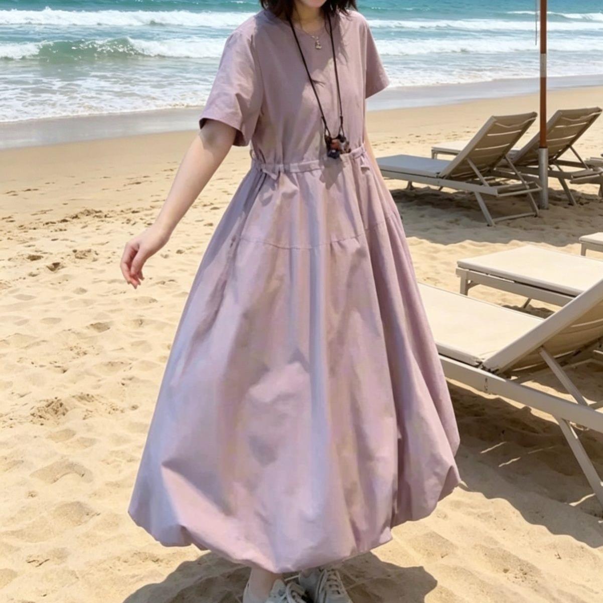韩版学院风蓝色花苞长裙女2026夏季宽松慵懒风休闲显瘦通勤连衣裙