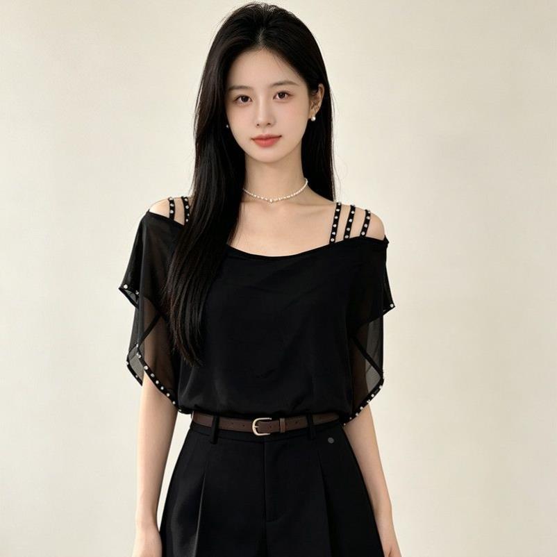 小众设计感晕染雪纺衫上衣女2026年新款露肩镶钻修身显瘦吊带小衫