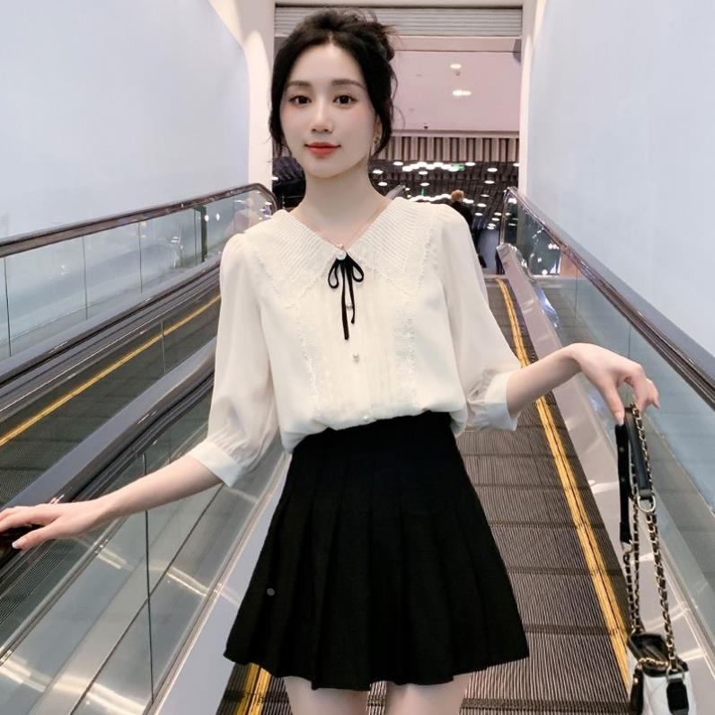 娃娃领白色衬衫女2024春夏新款别致雪纺纱小众七分袖洋气甜美上衣