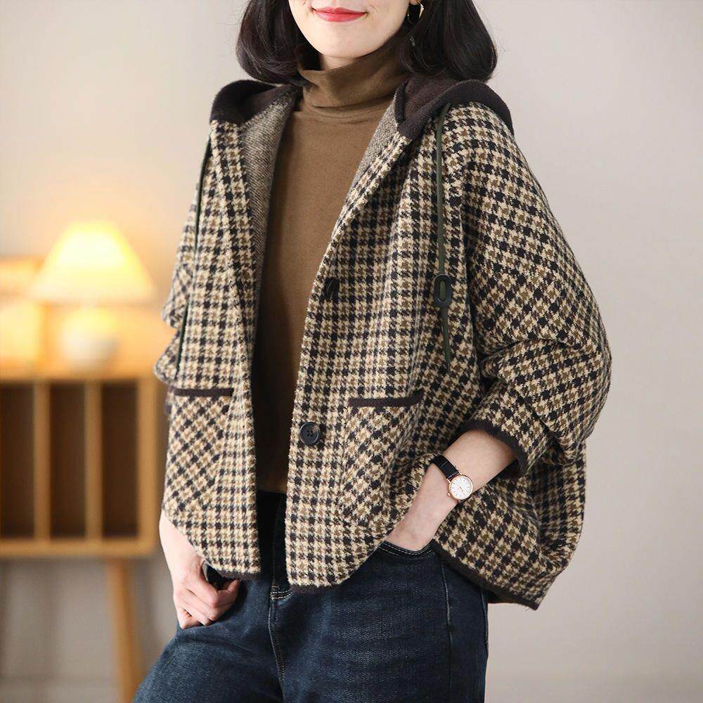 网红千鸟格外套女大码宽松外贸剪标韩版显瘦千柔绒气质连帽长袖