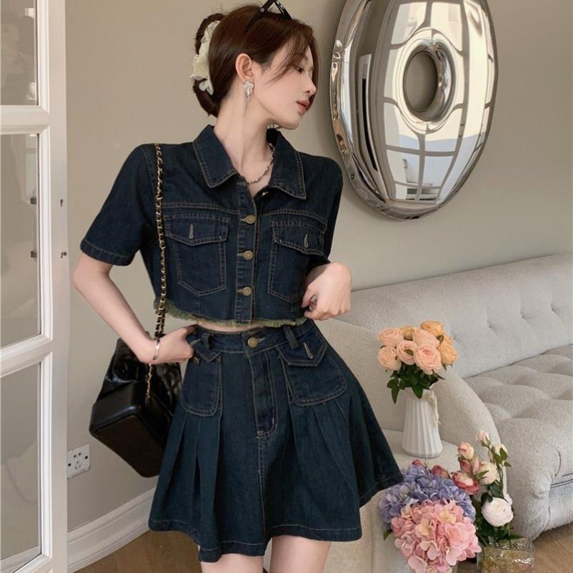 大码微胖辣妹牛仔套装女夏装韩版短款百搭牛仔外套高腰百褶半身裙