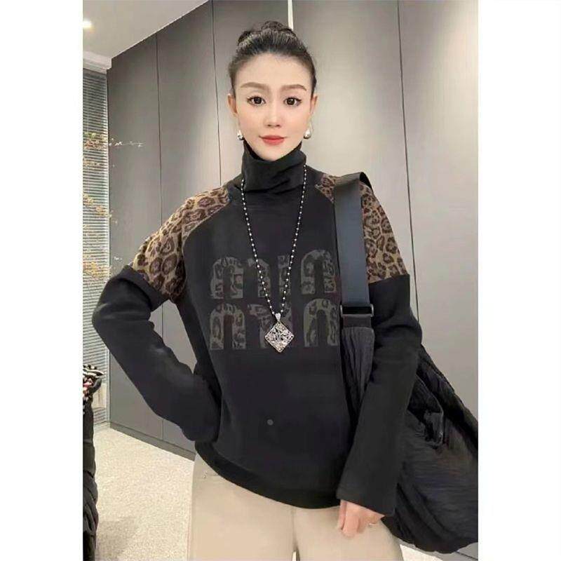 秋冬新款加绒豹纹印花拼接高领卫衣 女双面德绒长袖 百搭保暖打底